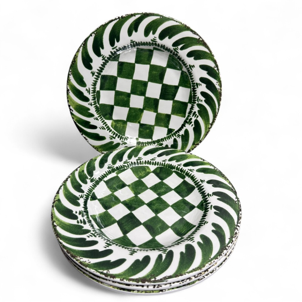 MIKASA Merenda Set of 4 Checker Green Melamine 8.5" Salad Plates Country Outdoor